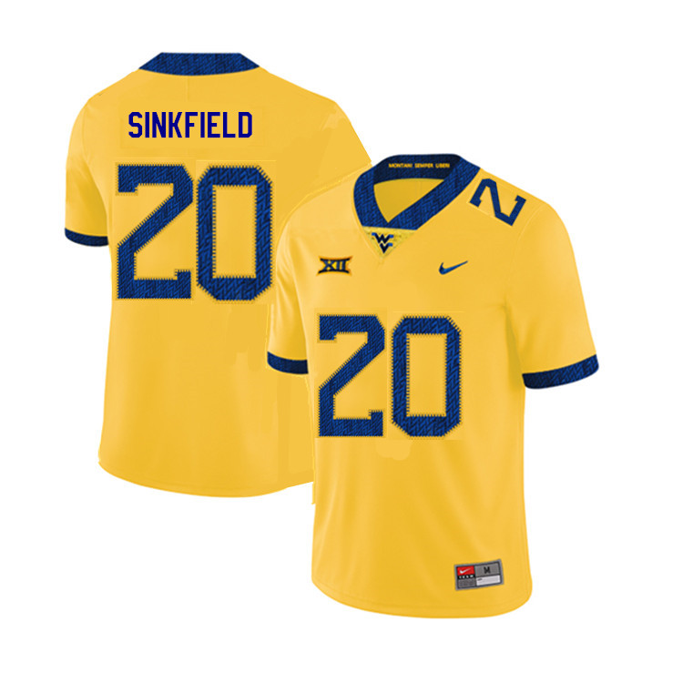 2019 Men #20 Alec Sinkfield West Virginia Mountaineers College Football Jerseys Sale-Yellow - Click Image to Close